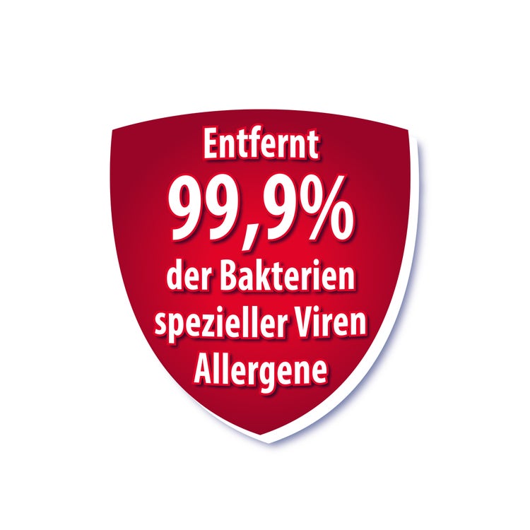 Rotes Siegel: Entfernt 99,9 % der Bakterien, spezieller Viren und Allergene