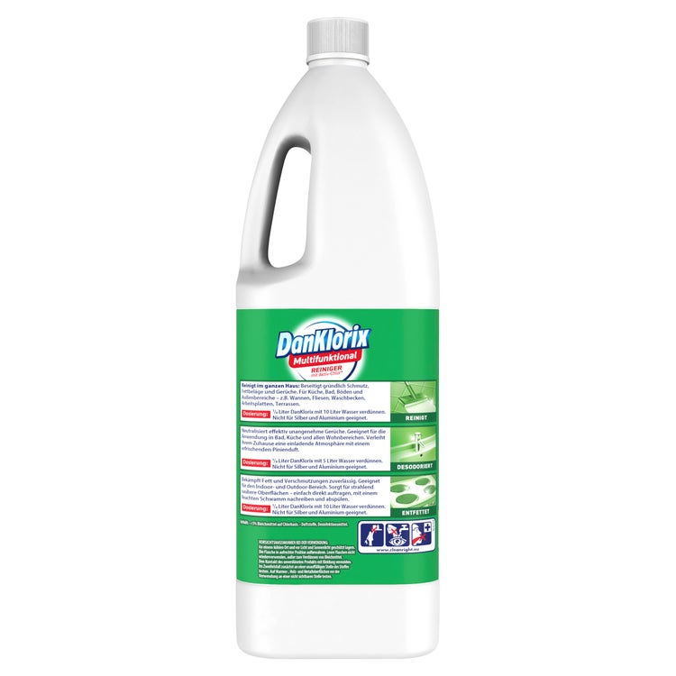 DanKlorix Multifunktional Reiniger Grüne Frische, 1,5-Liter-Flasche – Rückseite mit Anwendungs- und Dosierhinweisen