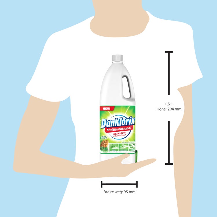 Größenvergleich: Person hält die 1,5-Liter-Flasche DanKlorix Grüne Frische (Höhe 294 mm)