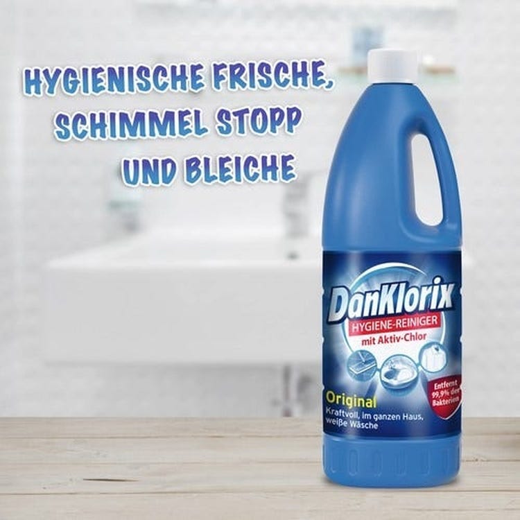 DanKlorix Hygiene-Reiniger Original mit Aktiv-Chlor, Flasche im Bad – hygienische Frische, Schimmel Stopp und Bleiche