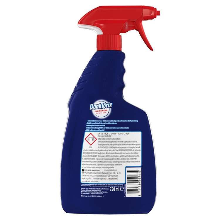 DanKlorix Bad-Reiniger mit Aktiv-Chlor, 750-ml-Sprühflasche – Rückseite mit Produktinformationen