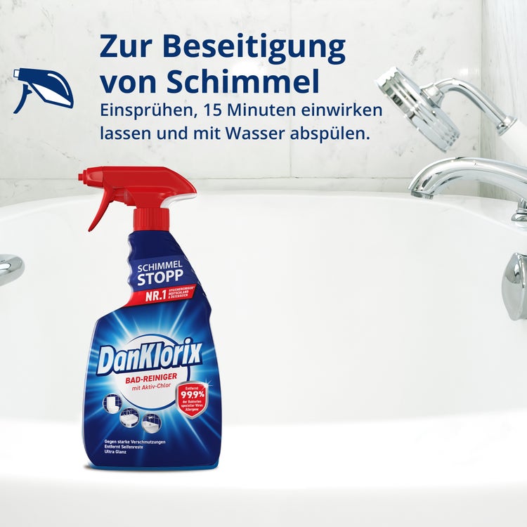 DanKlorix Bad-Reiniger am Badewannenrand – einsprühen, 15 Minuten einwirken lassen und mit Wasser abspülen