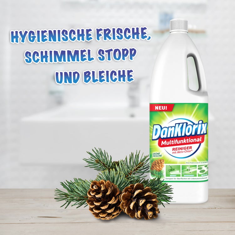 DanKlorix Multifunktional Reiniger Grüne Frische mit Aktiv-Chlor, Flasche mit Kiefernzweig und Zapfen – hygienische Frische, Schimmel Stopp und Bleiche