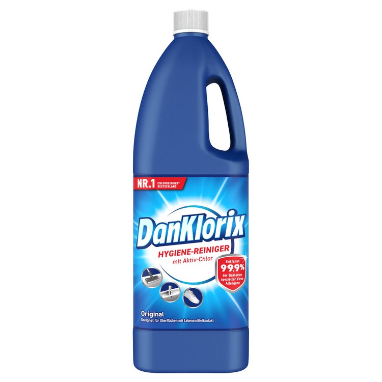 DanKlorix Hygiene-Reiniger Original mit Aktiv-Chlor, Flasche mit Griff – Vorderseite, Nr. 1 Chlorreiniger Deutschland