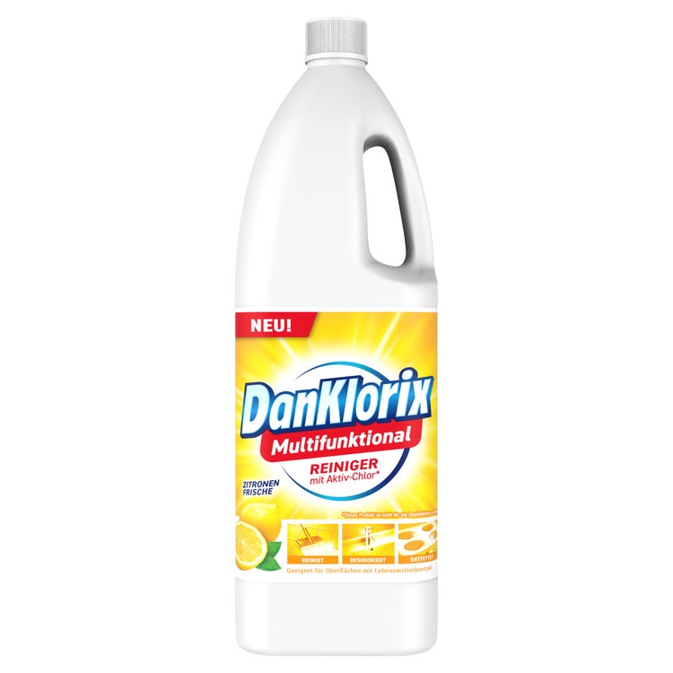 DanKlorix Multifunktional Reiniger Zitronen-Frische mit Aktiv-Chlor, 1,5-Liter-Flasche mit Zitrone – Vorderseite