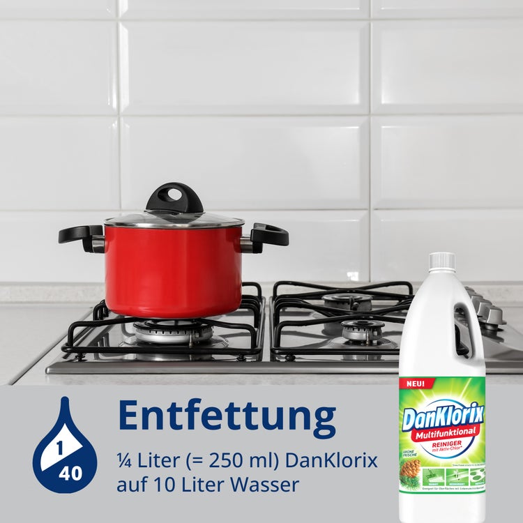 Anwendung Entfettung: ¼ Liter (250 ml) DanKlorix Grüne Frische auf 10 Liter Wasser – Topf auf dem Gasherd