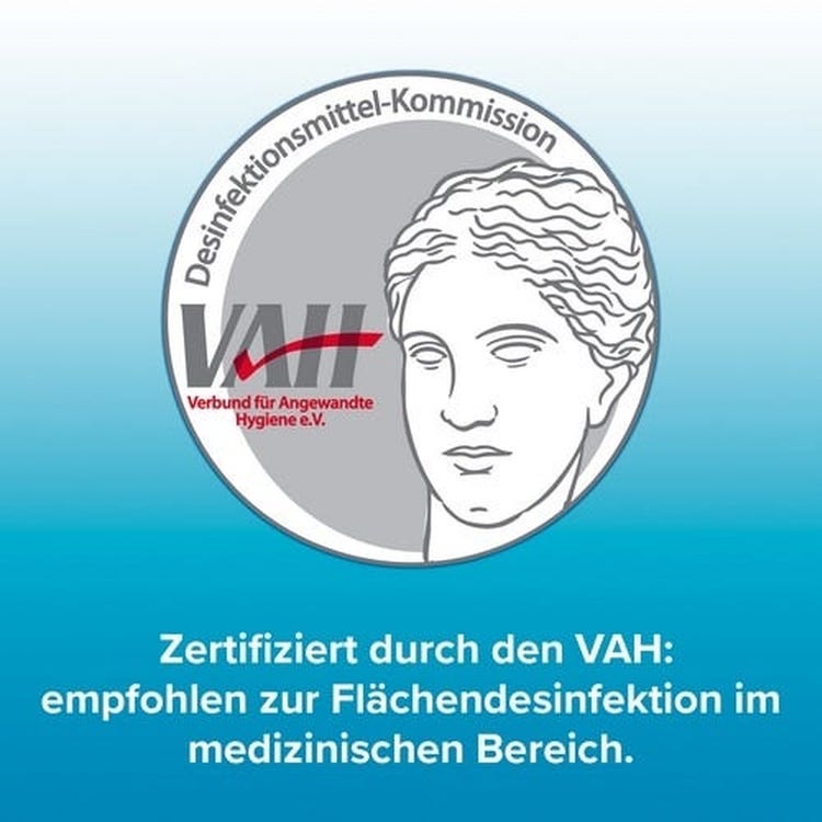 VAH-Siegel: Zertifiziert durch den Verbund für Angewandte Hygiene – empfohlen zur Flächendesinfektion im medizinischen Bereich