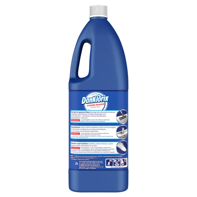 DanKlorix Hygiene-Reiniger Original mit Aktiv-Chlor, Flasche mit Griff – Rückseite mit Anwendungs- und Dosierhinweisen