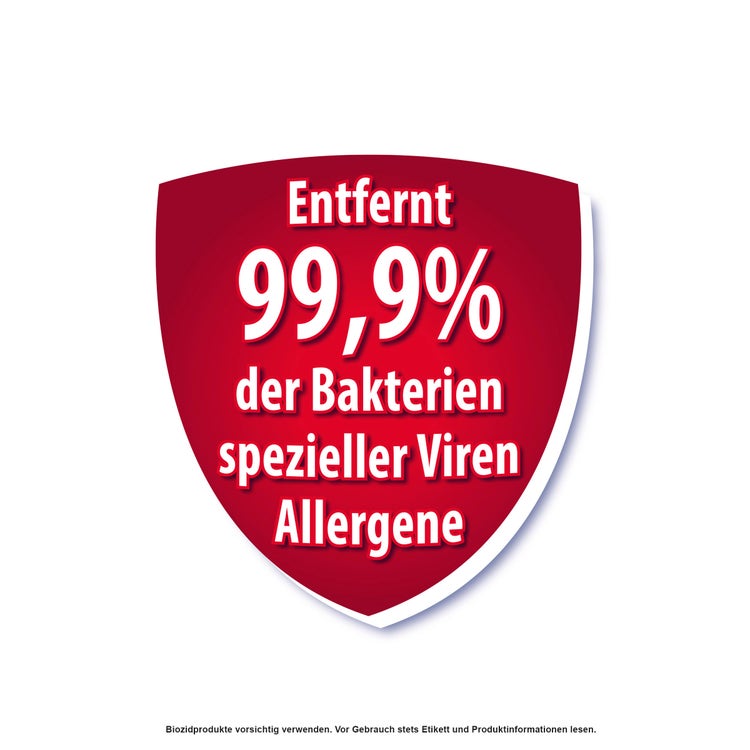 Rotes Siegel: Entfernt 99,9 % der Bakterien, spezieller Viren und Allergene